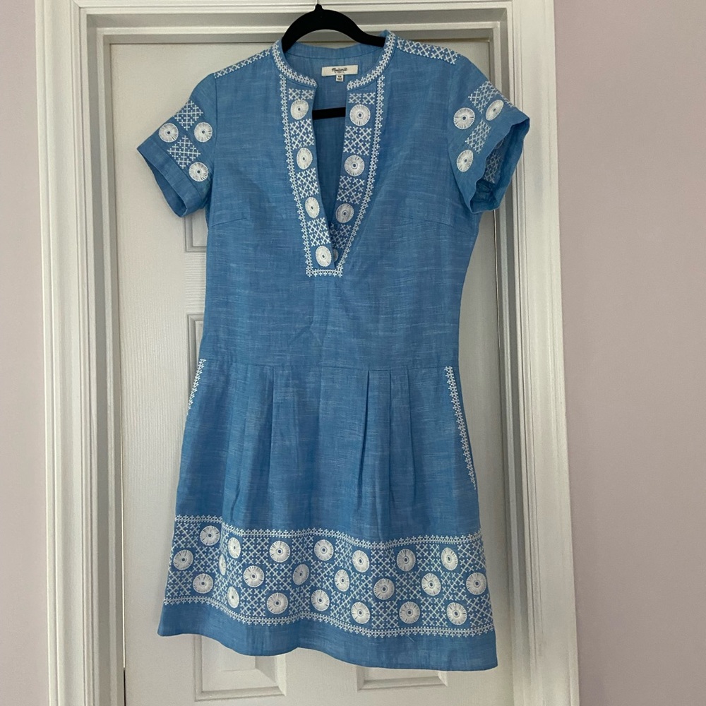 Madewell Chambray Denim Embroidered Dress XS